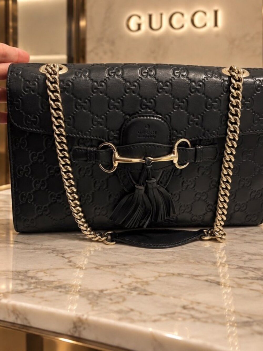 Gucci Emily Black Guccissima Leather Shoulder Bag Gold Horsebit Chain Tassel